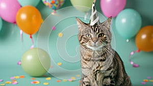 Whiskered Revelry, A Playful Feline in a Celebratory Crown, Basking in Balloon-Adorned Festivity