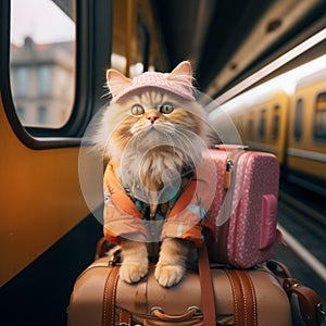 Whiskered wanderlust Funny cat indulges in a lighthearted travel journey
