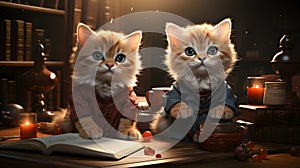 Whiskered Wordsmiths: Two Kittens in Writer\'s Attire, Scribbling Tales by Candlelight AI Generated