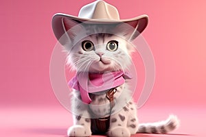 From Whiskers to Western: A 3D Cat\'s Dream of Cowboy Life Realized on Pink Gradient Background