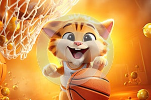 From Whiskers to Winner\'s Circle: A 3D Cat\'s Fancy Basketball Feats on Orange Golden Gradient Background