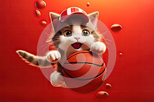 From Whiskers to Winner\'s Circle: A 3D Cat\'s Fancy Basketball Feats on Orange Red Gradient Background