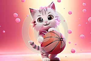 From Whiskers to Winner\'s Circle: A 3D Cat\'s Fancy Basketball Feats on Pink Golden Gradient Background