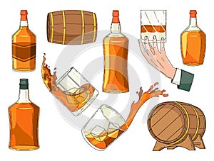 Whiskey advertising vintage design elements. Glass bottle, man hand holding glass of scotch with ice cubes, wooden