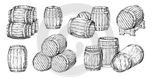 Whiskey barrel. Sketch of old wooden oak cask for brewery. Wine and beer wood keg stack. Alcohol beverage storage. Ale