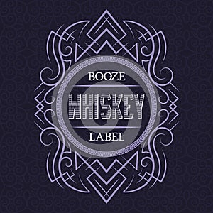 Whiskey booze label design template. Patterned vintage frame with text on pattern background