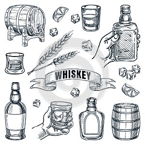 Whiskey bottle, barrels, glass vector hand drawn sketch illustration. Design elements for pub, bar alcohol drinks menu