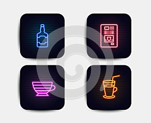 Whiskey bottle, Cappuccino and Coffee vending icons. Cocktail sign. Scotch alcohol, Coffee cup, Fresh beverage. Vector