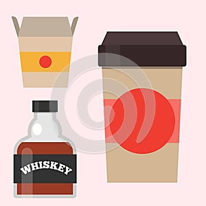 Whiskey bottle glass liquor scotch beverage whisky bourbon drink brandy coffee to go cup vector illustration.