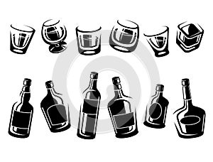 Whiskey bottle and glass set. Vector photo