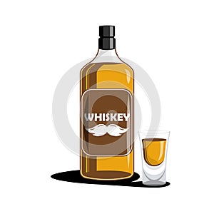 Whiskey bottle with glass shot on isolated background, Vector illustration.