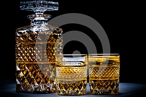 Whiskey bottle and glasses with black background