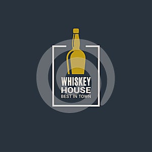 Whiskey bottle logo. Whiskey house icon on blue