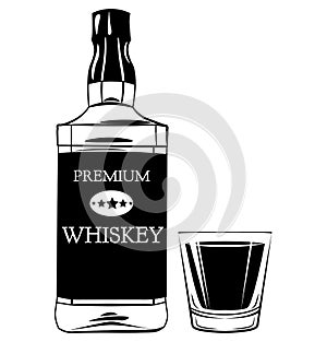 Whiskey Bottle and Shot Glass. Alcohol Drink Vintage vector Elements.