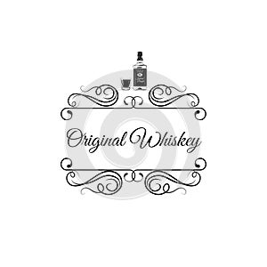 Whiskey Bottle and Shot Glass. Alcohol Drink. Vintage Vector. Swirls, decoration elements.