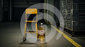 Whiskey Bottle On Yellow Stool: Warehouse Still Life