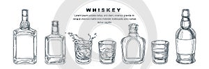 Whiskey bottles and glass, vector sketch illustration. Scotch, brandy or liquor alcohol drinks. Bar menu design elements