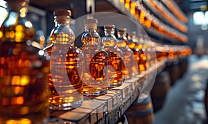 Whiskey bottles on shelves photo