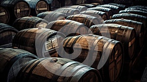 Whiskey, bourbon, scotch barrels in an aging facility. Hand edited