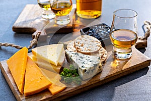 Whiskey and cheese pairing, tasting whisky glasses and plate with sliced cheeses