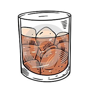 Whiskey in a glass. Cartoon flat vector illustration. Isolated on white background.