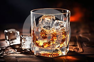 Whiskey in glass with cubes of ice on dark wooden rustic background, close up
