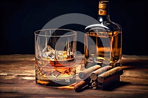 Whiskey in glass with cubes of ice on dark wooden rustic background, close up