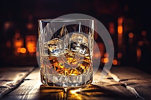 Whiskey in glass with cubes of ice on dark wooden rustic background, close up