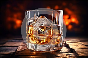 Whiskey in glass with cubes of ice on dark wooden rustic background, close up