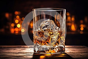 Whiskey in glass with cubes of ice on dark wooden rustic background, close up