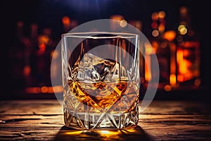 Whiskey in glass with cubes of ice on dark wooden rustic background, close up