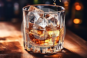 Whiskey in glass with cubes of ice on dark wooden rustic background, close up