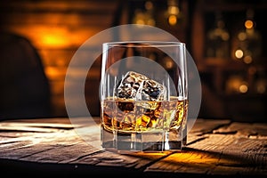 Whiskey in glass with cubes of ice on dark wooden rustic background, close up