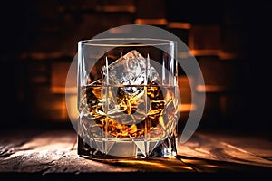 Whiskey in glass with cubes of ice on dark wooden rustic background, close up