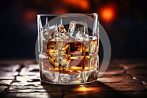 Whiskey in glass with cubes of ice on dark wooden rustic background, close up