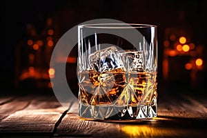 Whiskey in glass with cubes of ice on dark wooden rustic background, close up