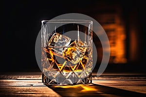 Whiskey in glass with cubes of ice on dark wooden rustic background, close up