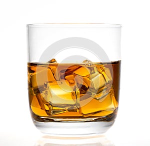 Whiskey glass with ice cubes.
