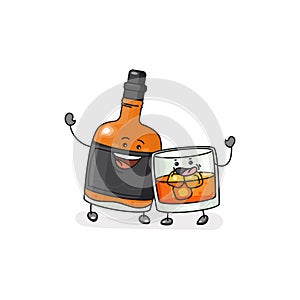 Whiskey glass with ice cubes, bottle. Vector flat cartoon color icon