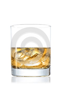 Whiskey glass with ice cubes isolated on white background with clipping path and copy space for your text