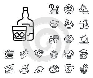 Whiskey glass with ice cubes line icon. Scotch alcohol sign. Crepe, sweet popcorn and salad. Vector