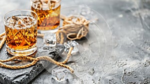 Whiskey glass with ice cubes on plain background, allowing ample space for text placement