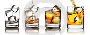 Whiskey in glass with ice set