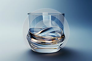 Whiskey glass with liquid swirling, on a blue background, with light gray and bronze tones. Ai generated