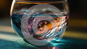 Whiskey glass reflects blue celebration wave motion generated by AI