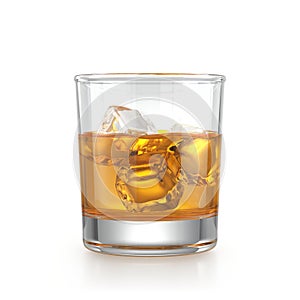 Whiskey glass with whiskey and ice cubes isolated on white background