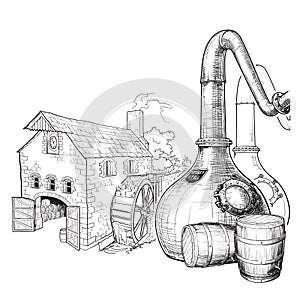 Whiskey from grain to bottle. A Swan necked copper Stills, oak casks used for aging and a watermill on a background.