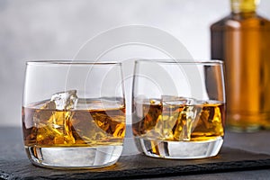 Whiskey and ice background bottle