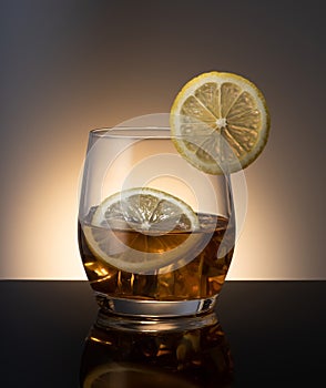 Whiskey with ice cubes with lemon