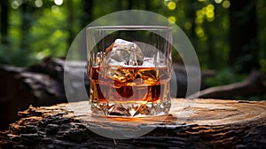 Whiskey with ice in a glass on a stump in the forest